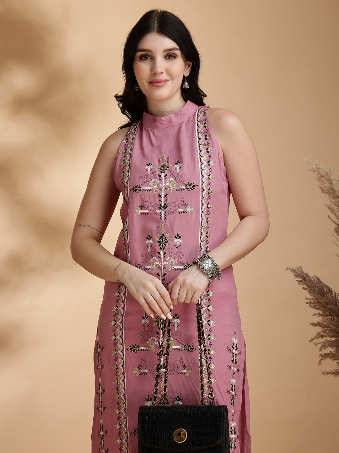 Candy Floss Pink Rayon With Full Embroidered Straight Cut Sleeveless Cor-ord Set